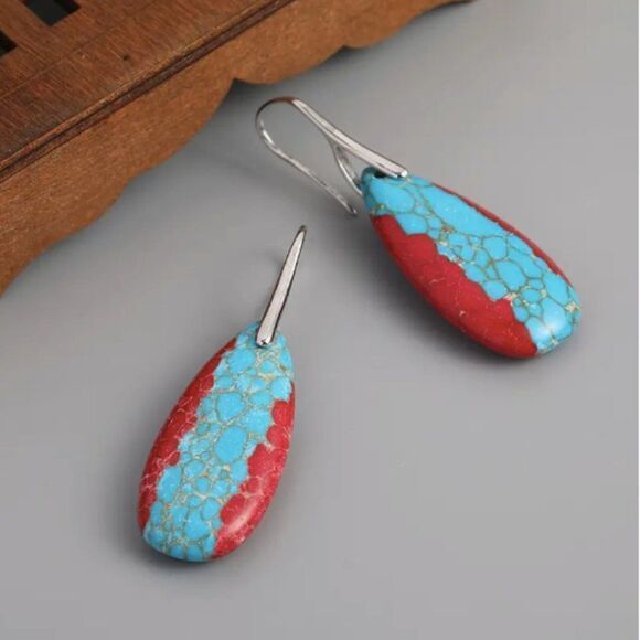 ✨🆕✨❤️Exquisite BoHo Emperor Stone Red & Blue S925 Plated Dangle Earrings💙✨ - Picture 4 of 11
